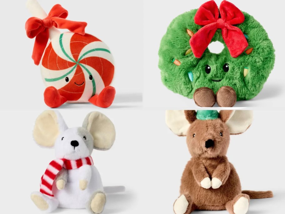 candy, wreath and two holiday plush toys