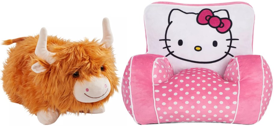 A fluffy, orange highland cow plush toy sits beside a pink polka-dotted children's chair featuring a Hello Kitty design.