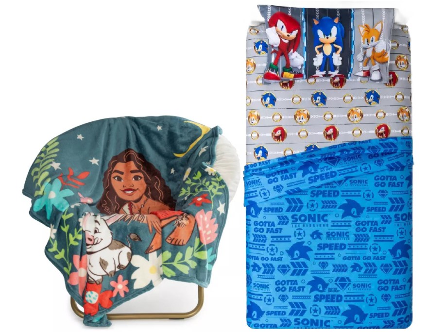 On the left, a cozy blanket with Moana characters is draped over a chair. On the right, a blue and gray bedding set features bold 