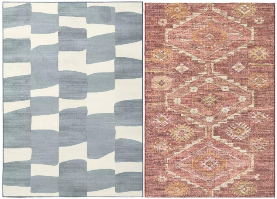 Two rugs are shown side by side. The left rug has a modern abstract pattern in gray and white. The right rug has a vintage geometric design in pink and orange tones.