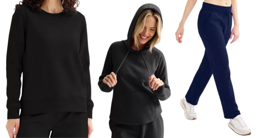 three women wearing tek gear sweatshirts and sweatpants