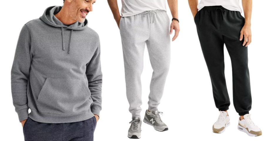 three men wearing a tek gear sweatshirt and sweatpants