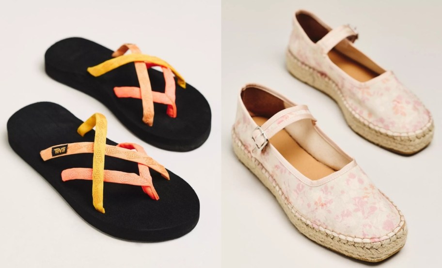 orange and yellow sport sandals and floral print espadrilles