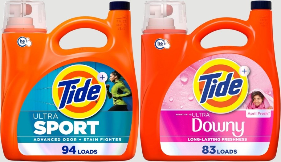 a large bottle of tide sport liquid laundry detergent with a bottle of tide with a touch of downy liquid laundry detergent