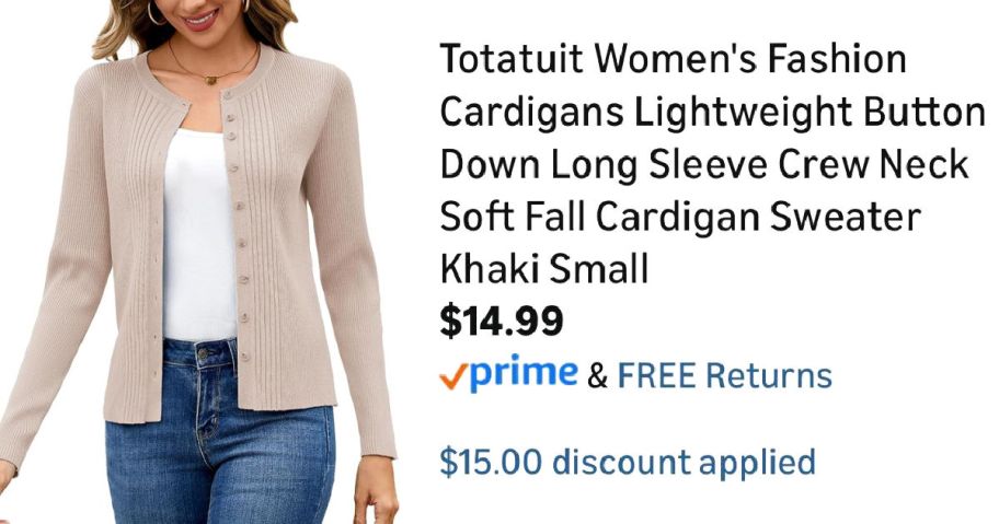 woman wearing tan cardigan next to Amazon pricing information