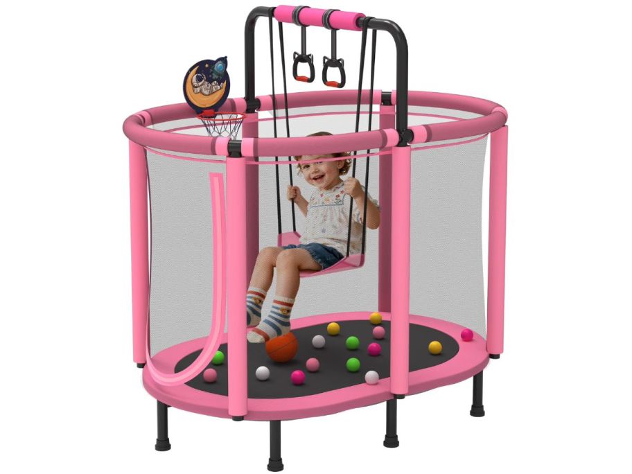girl sitting on swing in pink toddler trampoline