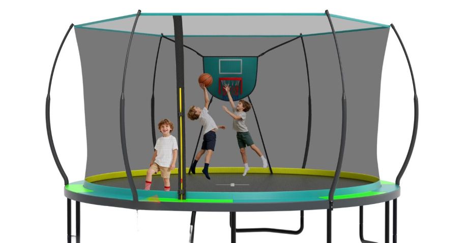 kid playing basketball on 14 foot trampoline
