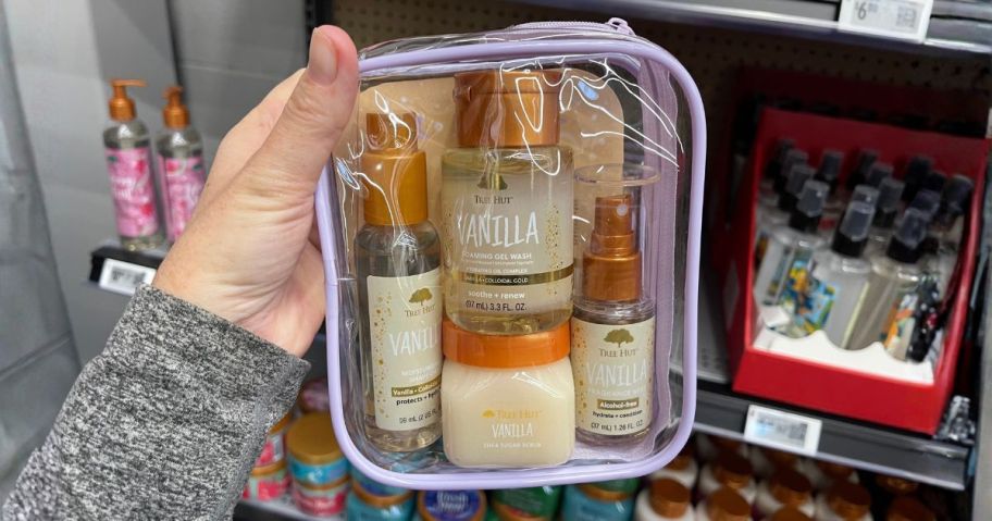 Tree Hut Mini Vanilla 4-Piece Gift Set in hand in store