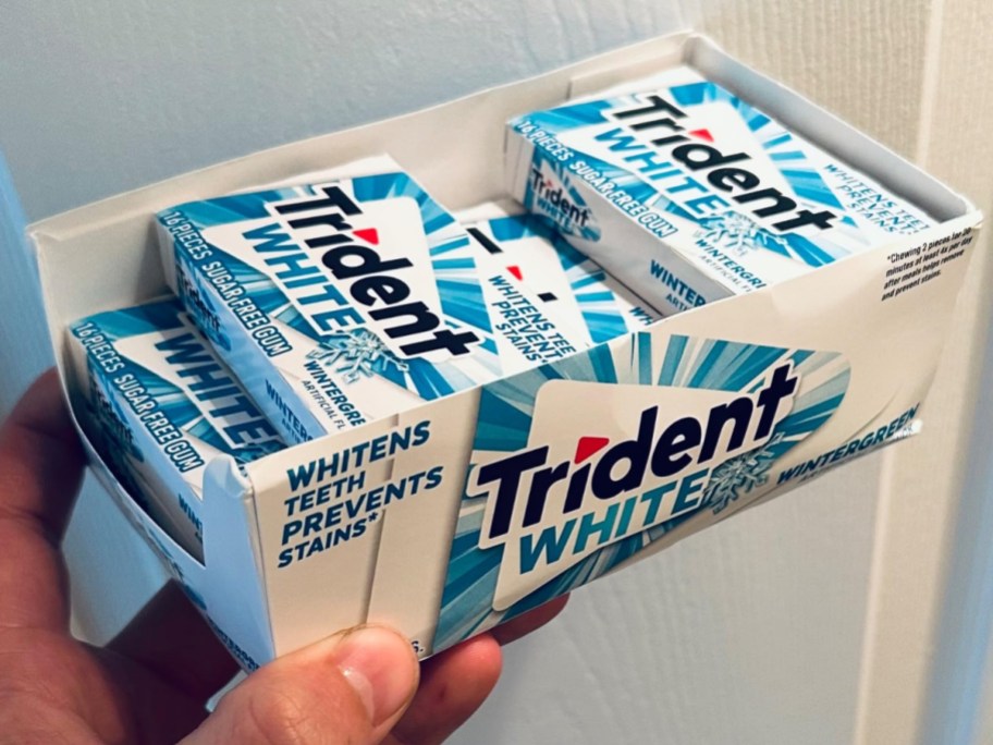 holding a multi-pack of trident gum
