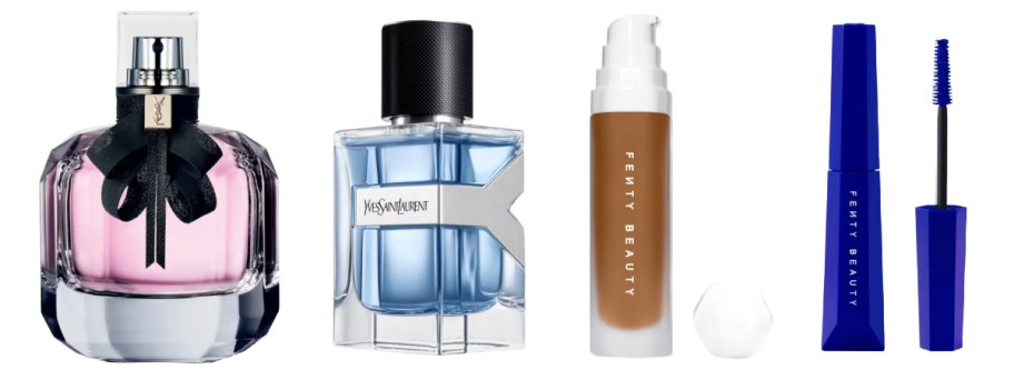 two perfume bottles, foundation, and mascara