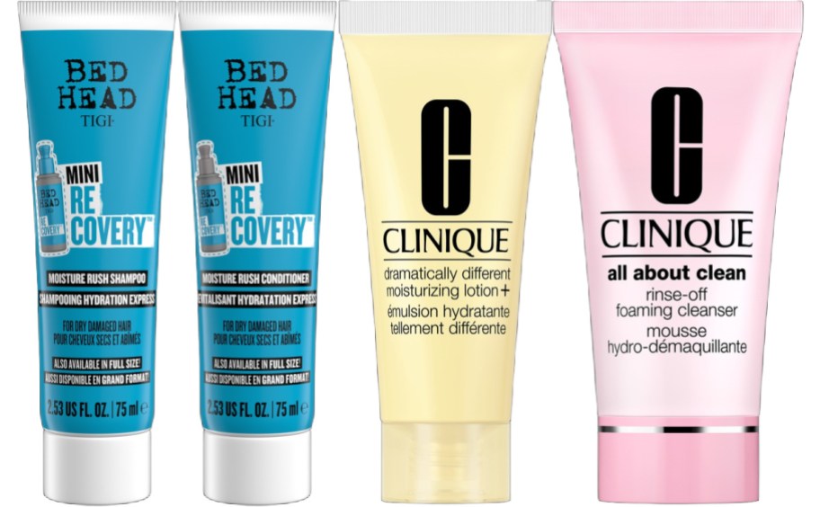 Two mini bottles of Bedhead shampoo and conditioner and two bottles of Clinique lotion and cleanser.