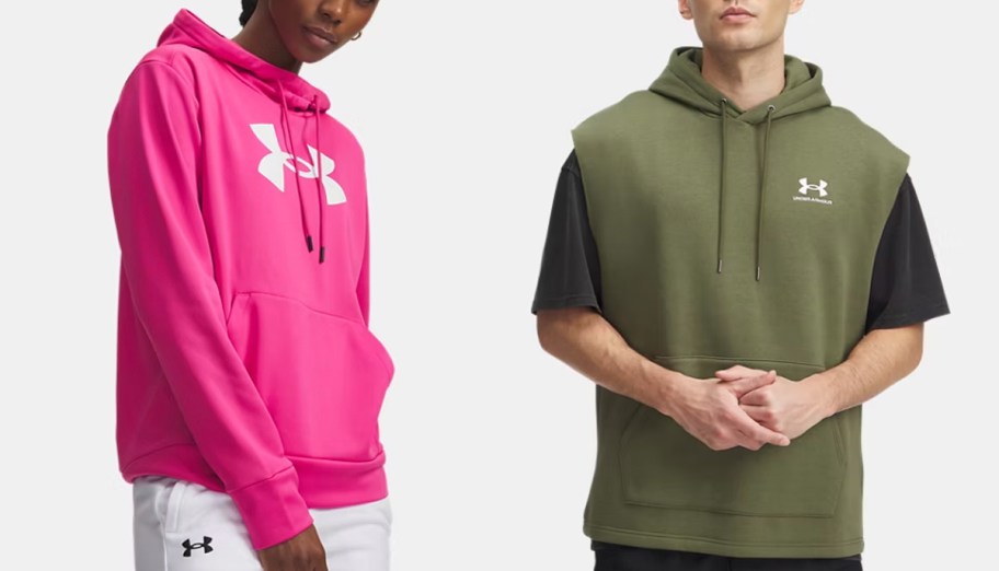 woman in pink and man in green under armour fleece 