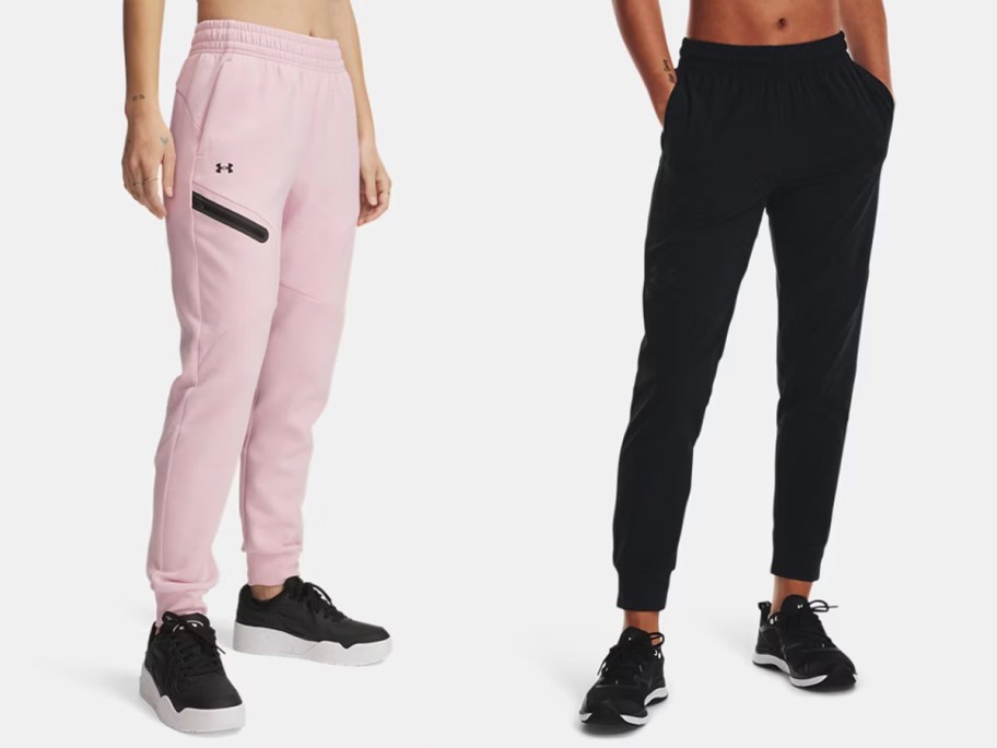 women wearing pink and black pants 