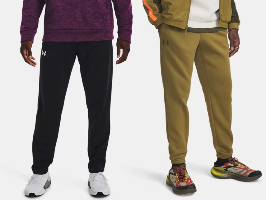 men wearing purple and tan pants 