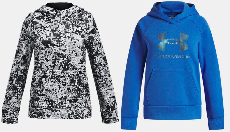 white and black, and blue under armour fleece hoodies 