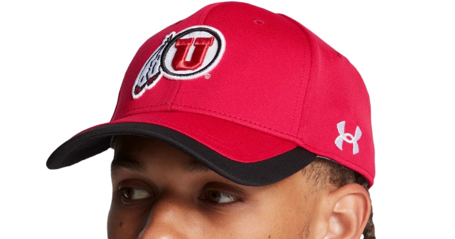 under armour university of utah red hat on a man's head