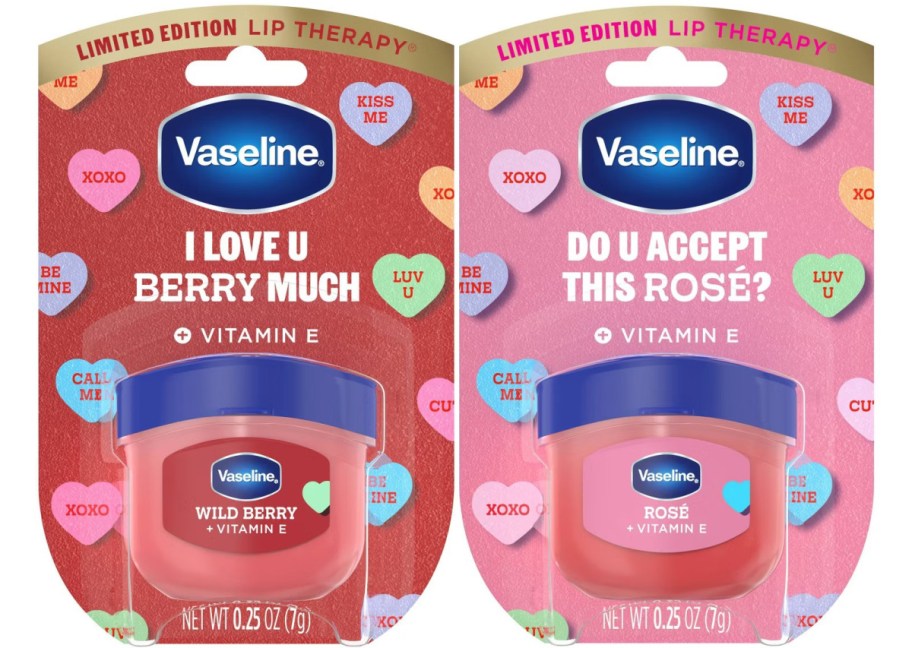 Two packages of Valentine's Day Vaseline lip pots.