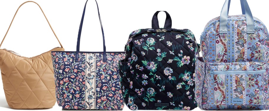 tan tote, blue tote, and two blue floral backpacks 