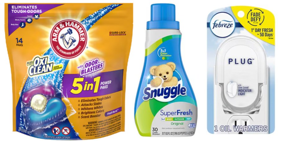 laundry detergent bag, laundry softener bottle, and plug in