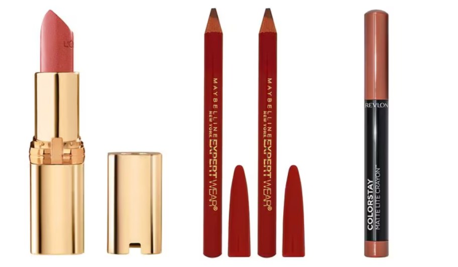 gold lipstick tube, and two brow pencils