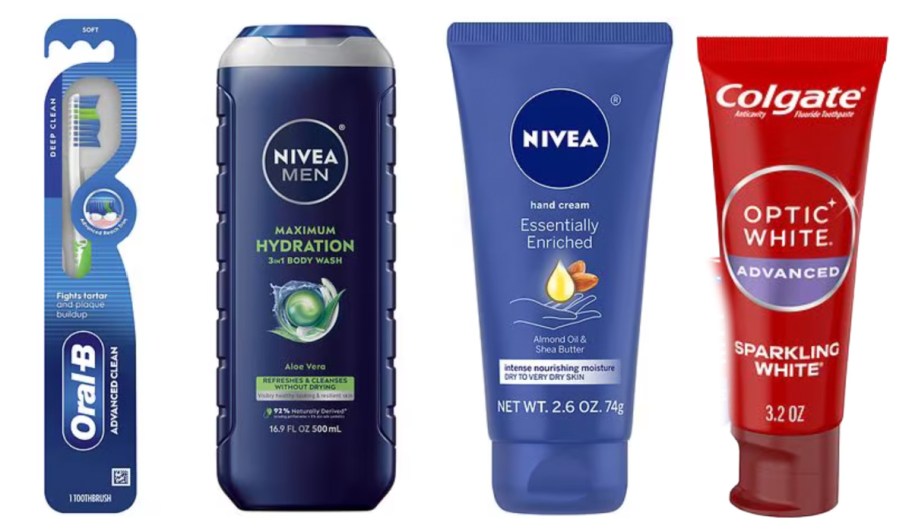 toothbrush, nivea hand cream and body wash and red toothpaste tube