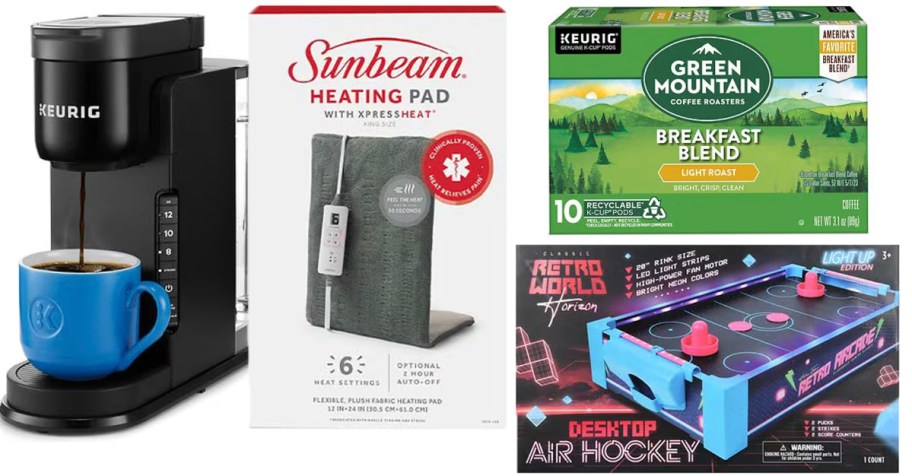 keurig coffee maker, kcups, sunbeam heating pad and air hockey toy 