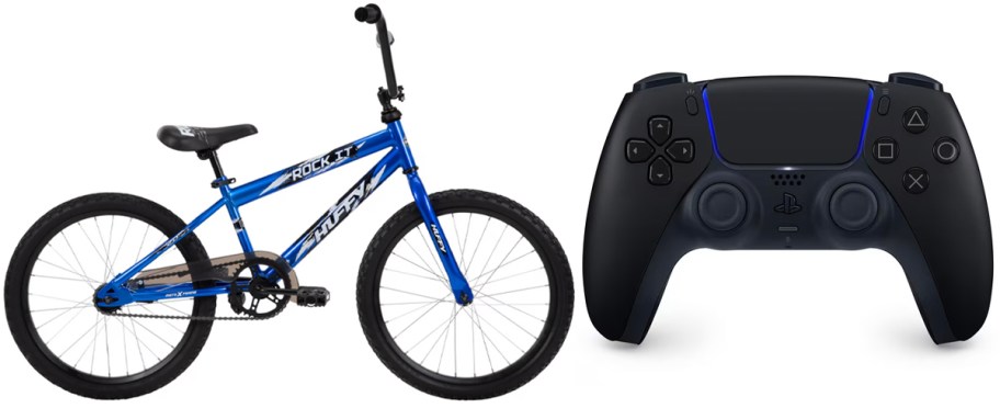 blue bike and black playstation controller 