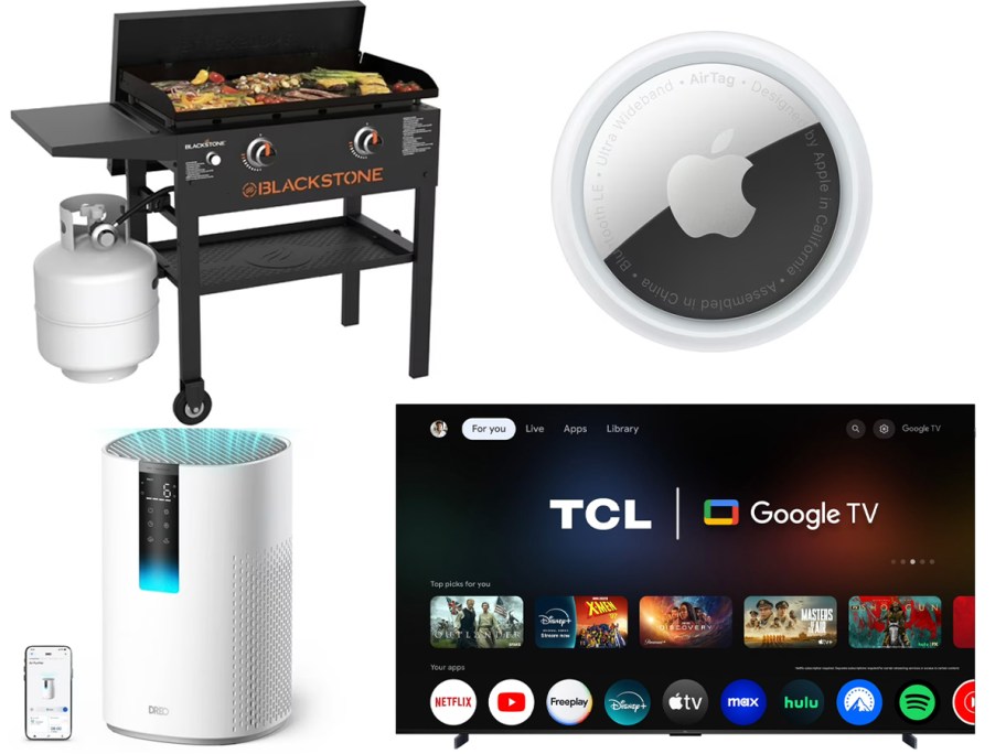 blackstone, apple tag, purifier, and tcl tv 
