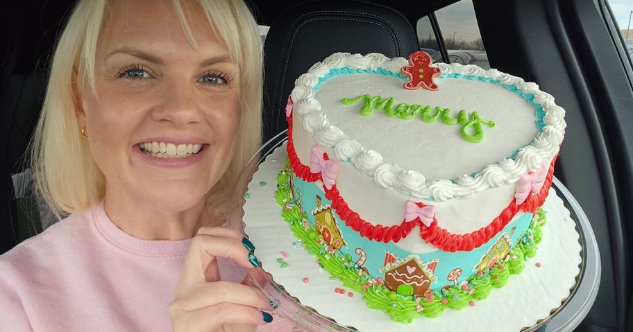 woman holding walmart custom christmas cake