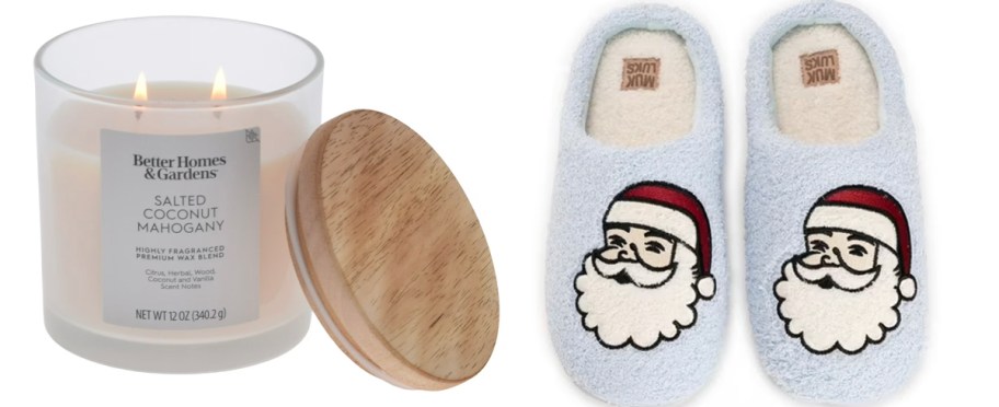 candle with wood lid and santa slippers 
