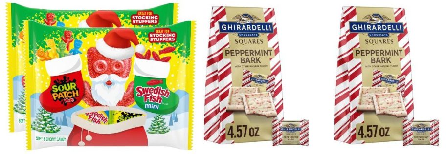 two sour patch kids and GHIRARDELLI bags