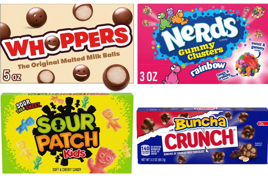 whoppers, nerds, sour patch kids, and crunch candy boxes 
