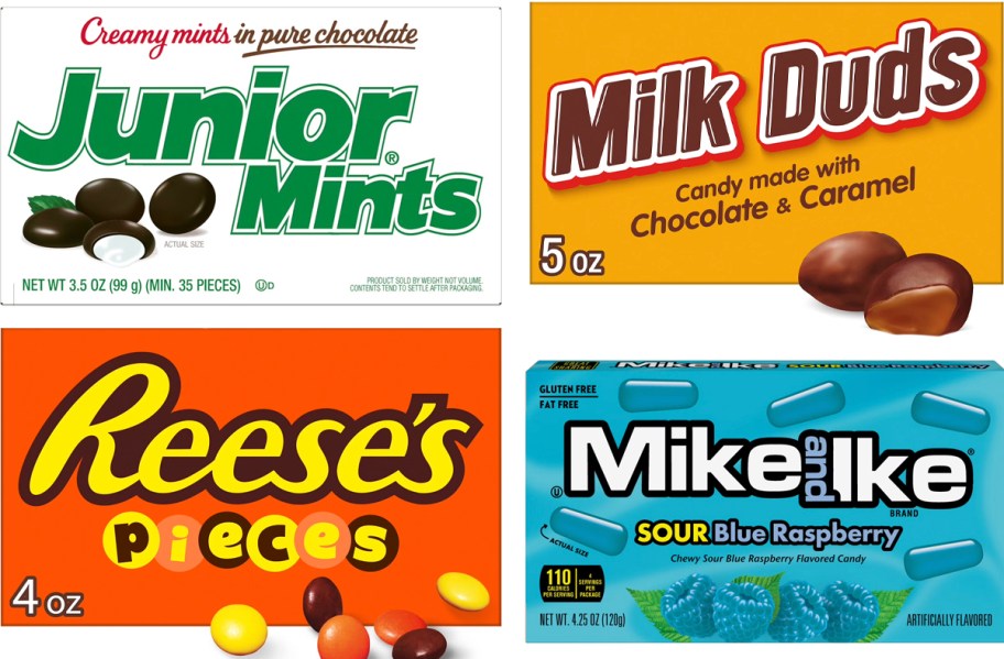 junior mints, milk duds, reeses pieces, and mike and ikes candy boxes 