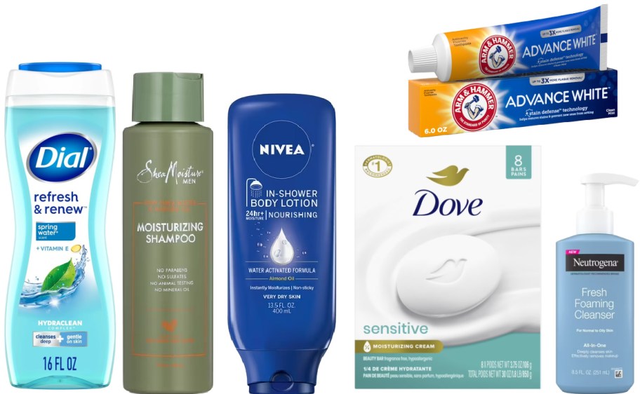 6 personal care items on a white background