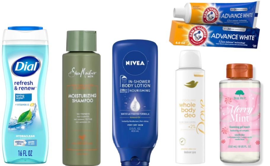 5 personal care items on a white background