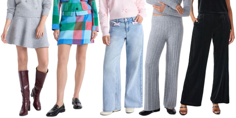 5 women from the waist down on a white background