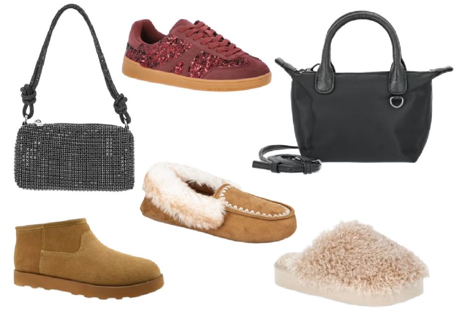 6 shoes and handbags on a white background