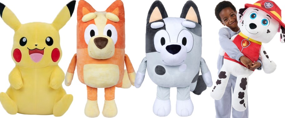 pikachu, bluey, and paw patrol jumbo plush toys 