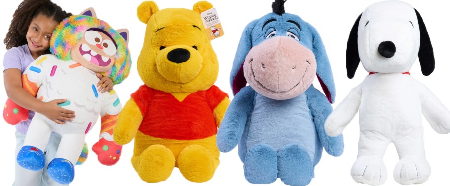 gabby, pooh, eyeore, and snoopy jumbo plush toys 