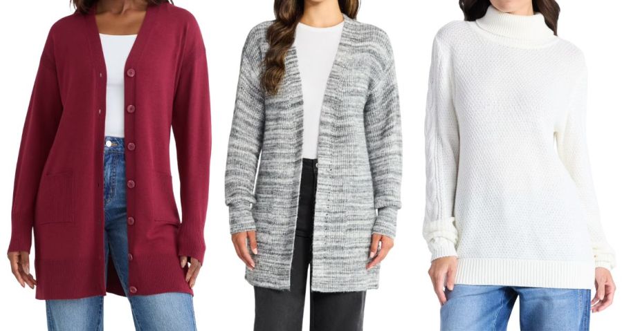 three women wearing sweaters