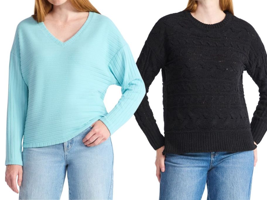 two women wearing sweaters