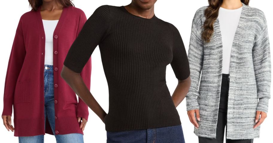 three women wearing sweaters