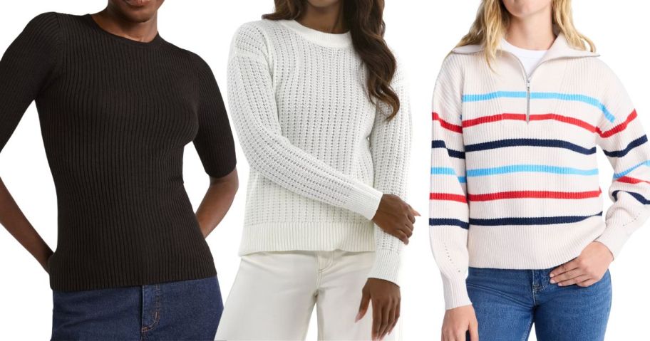 three women wearing sweaters