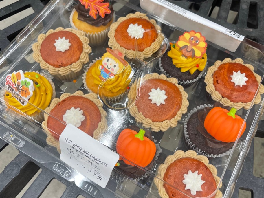 A container of Thanksgiving cupcakes from Walmart.