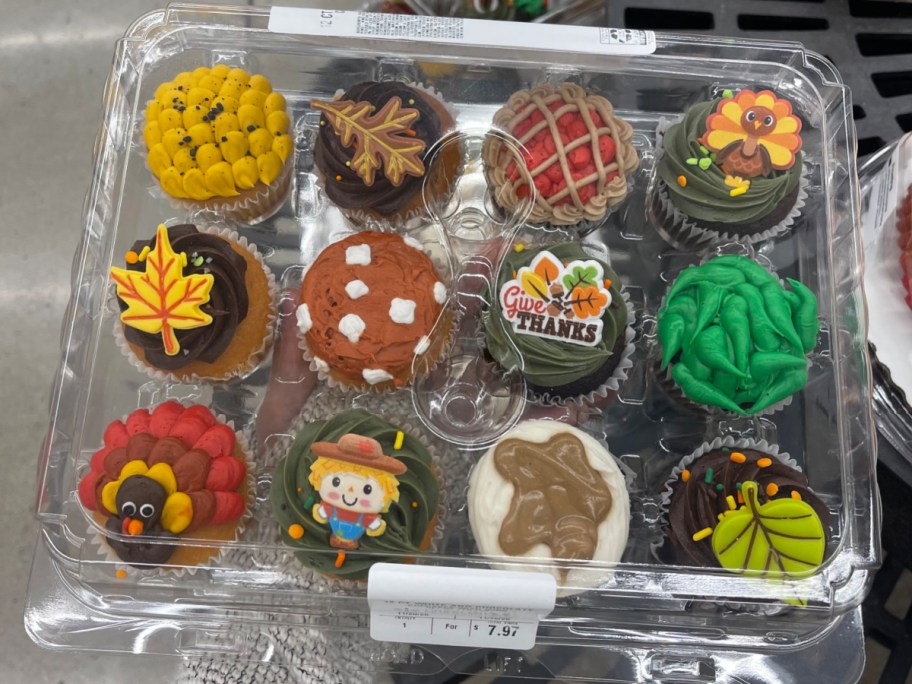 A container of Thanksgiving cupcakes from Walmart.