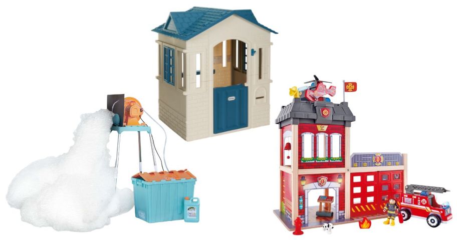 little tikes bubble machine, playhouse, and fire station
