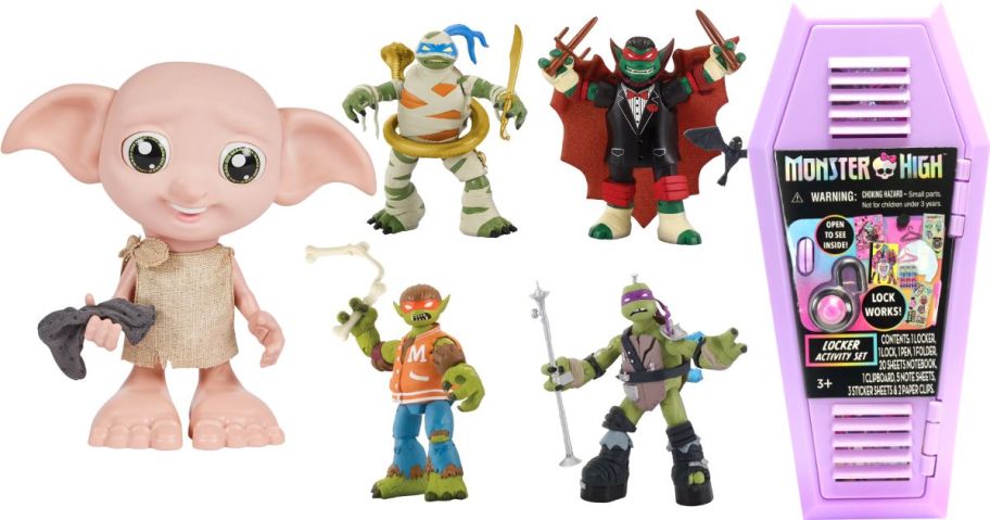 Dobby Elf Doll, ninja turtles, and monster high locker