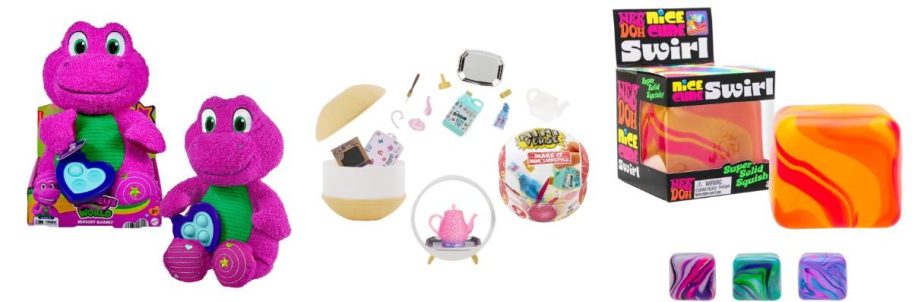 a barney, mga universe, and needoh toy