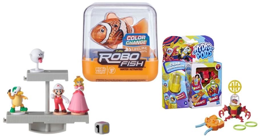 mario toy, Robo Alive Electronic Interactive Fish, and hydro pods toy