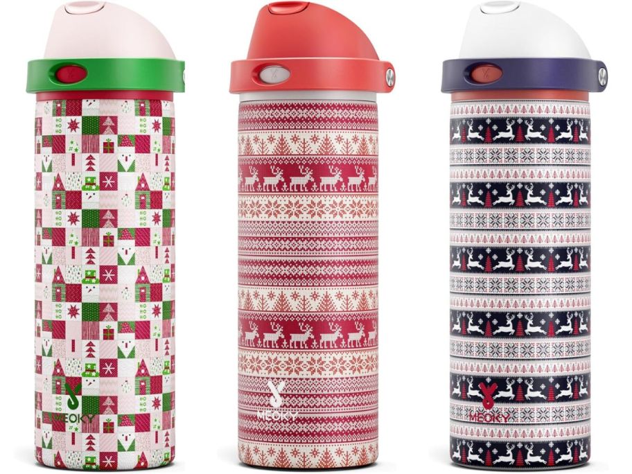 three holiday water bottles